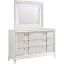 The appearance of Picket House Furnishings Charlotte 6 Drawer Dresser with Mood Lighting Mirror in White designed by Picket House in the transitional interior design. This white piece of furniture  was selected by 1StopBedrooms from Charlotte Collection to add a touch of cosiness and style into your home. Sku: TN700DR;TN700MR. Material: Rubberwood.