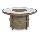 The appearance of Rainier Ranch Fire Pit Table In Beige designed by Signature Design by Ashley in the modern / contemporary interior design. This beige piece of furniture  was selected by 1StopBedrooms from Rainier Ranch Collection to add a touch of cosiness and style into your home. Sku: P701-776. Table Top Shape: Round. Material: Marble.