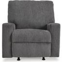 The appearance of Rannis Rocker Recliner In Pewter designed by Signature Design by Ashley in the modern / contemporary interior design. This pewter piece of furniture  was selected by 1StopBedrooms from Rannis Collection to add a touch of cosiness and style into your home. Sku: 5360225. Material: Fabric.
