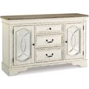 The appearance of Realyn White Dining Room Server designed by Signature Design by Ashley in the transitional interior design. This chipped white piece of furniture was selected by 1StopBedrooms from Realyn Collection to add a touch of cosiness and style into your home. Sku: D743-60. Material: Glass.