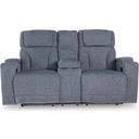 The appearance of RiverTest Power Reclining Loveseat with Console In Steel designed by Signature Design by Ashley in the modern / contemporary interior design. This steel piece of furniture  was selected by 1StopBedrooms from RiverTest Collection to add a touch of cosiness and style into your home. Sku: NC4980218. Material: Fabric.