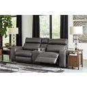 The appearance of Samperstone Power Reclining Console Loveseat In Gray designed by Signature Design by Ashley in the modern / contemporary interior design. This gray piece of furniture  was selected by 1StopBedrooms from Samperstone Collection to add a touch of cosiness and style into your home. Sku: 5520357;5520358;5520362. Material: Faux Leather.