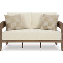 The appearance of Serene Bay Outdoor Loveseat with Cushion In White and Dark Brown designed by Signature Design by Ashley in the transitional interior design. This white/dark brown piece of furniture was selected by 1StopBedrooms from Serene Bay Collection to add a touch of cosiness and style into your home. Sku: P671-835. Material: Fabric.