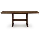 The appearance of Sharlander Counter Height Dining Extension Table In Light Brown and Dark Brown designed by Signature Design by Ashley in the transitional interior design. This light brown/dark brown piece of furniture  was selected by 1StopBedrooms from Sharlander Collection to add a touch of cosiness and style into your home. Sku: NCD651-32. Material: Wood. Table Top Shape: Rectangular. Size: 42" x 86".