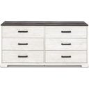 The appearance of Shawburn Dresser In White Wash/Charcoal Gray designed by Signature Design by Ashley in the transitional interior design. This white wash/charcoal gray piece of furniture  was selected by 1StopBedrooms from Shawburn Collection to add a touch of cosiness and style into your home. Sku: EB4121-131. Material: Wood.