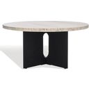 The appearance of Shayna Travertine Coffee Table In Travertine and Black designed by Safavieh Couture in the modern / contemporary interior design. This travertine/black piece of furniture  was selected by 1StopBedrooms from Shayna Collection to add a touch of cosiness and style into your home. Sku: SFV9721A. Material: Travertine.