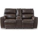 The appearance of Side Step Power Reclining Loveseat with Console In Smoke designed by Signature Design by Ashley in the modern / contemporary interior design. This smoke piece of furniture  was selected by 1StopBedrooms from Side Step Collection to add a touch of cosiness and style into your home. Sku: NCU6450618. Material: Leather Match.