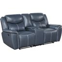 The appearance of Sloane Upholstered Motion Reclining Loveseat with Console Blue designed by Coaster in the transitional interior design. This blue piece of furniture  was selected by 1StopBedrooms from Sloane Collection to add a touch of cosiness and style into your home. Sku: 610272. Material: Upholstered.