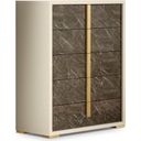 The appearance of Sonia Chest In Pearl Metallic designed by J&M in the modern / contemporary interior design. This pearl piece of furniture  was selected by 1StopBedrooms from Sonia Collection to add a touch of cosiness and style into your home. Sku: 18554-C. Material: MDF.
