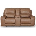 The appearance of Spear Hill Power Reclining Loveseat with Console In Caramel designed by Signature Design by Ashley in the modern / contemporary interior design. This caramel piece of furniture was selected by 1StopBedrooms from Spear Hill Collection to add a touch of cosiness and style into your home. Sku: NCU6260618. Material: Leather Match.