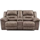 The appearance of Stoneland Reclining Console Loveseat In Fossil designed by Signature Design by Ashley in the modern / contemporary interior design. This fossil piece of furniture was selected by 1StopBedrooms from Stoneland Collection to add a touch of cosiness and style into your home. Sku: 3990594. Material: Faux Leather.