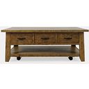 The appearance of Telluride 50 Inch Coffee Table with Caster Wheels and Pull Through Drawers In Gold designed by Jofran in the country / farmhouse interior design. This gold piece of furniture  was selected by 1StopBedrooms from Telluride Collection to add a touch of cosiness and style into your home. Sku: 1800-11. Material: Pine.