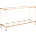 The appearance of Traditions Nouveau Console Table In Brushed Brass and Clear designed by Essentials For Living in the transitional interior design. This brushed brass/clear piece of furniture was selected by 1StopBedrooms from Traditions Collection to add a touch of cosiness and style into your home. Sku: 6075.BBRS/CLR. Material: Steel.