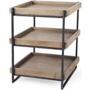 The appearance of Trey Iii Square Medium Brown Wooden Three-Tiered Black Iron Frame Side Table designed by Mercana in the modern / contemporary interior design. This black and brown piece of furniture  was selected by 1StopBedrooms from Trey Collection to add a touch of cosiness and style into your home. Sku: 68219. Material: Wood.