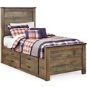 The appearance of Trinell Brown Twin Panel Storage Bed designed by Signature Design by Ashley in the transitional interior design. This brown piece of furniture was selected by 1StopBedrooms from Trinell Collection to add a touch of cosiness and style into your home. Sku: B446-50;B446-52;B446-53;B100-11. Bed Type: Storage Bed. Material: Wood. Bed Size: Twin.