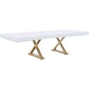 The appearance of Tyrion Rectangle Extendable Modern White Wood Dining Table In Brushed Gold designed by Best Master Furniture in the modern / contemporary interior design. This white piece of furniture was selected by 1StopBedrooms from Tyrion Collection to add a touch of cosiness and style into your home. Sku: T1953T. Material: Wood. Table Top Shape: Rectangular. Size: 104".