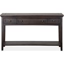 The appearance of Westley Falls Graphite Rectangle Sofa Table designed by Magnussen in the transitional interior design. This brown piece of furniture  was selected by 1StopBedrooms from Westley Falls Collection to add a touch of cosiness and style into your home. Sku: T4399-73. Material: Pine Veneer.