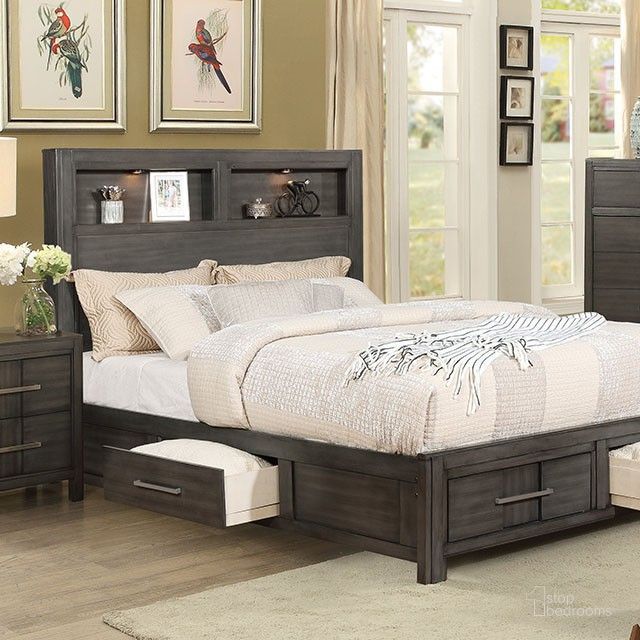 The appearance of Karla California King Bed In Gray designed by Furniture of America in the transitional interior design. This gray piece of furniture  was selected by 1StopBedrooms from Karla Collection to add a touch of cosiness and style into your home. Sku: CM7500GY-CK-HB;CM7500GY-CK-FB;CM7500GY-CK-R. Bed Type: Bookcase Bed. Material: Wood. Product Type: Bookcase Bed. Bed Size: California King.