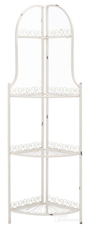 The appearance of Abarrane Wrought Iron 4 Tier Outdoor Corner Shelf in Antique White designed by Safavieh in the modern / contemporary interior design. This antique white piece of furniture  was selected by 1StopBedrooms from Abarrane Collection to add a touch of cosiness and style into your home. Sku: PAT5013B. Material: Metal. Product Type: Outdoor Accessory. Image1