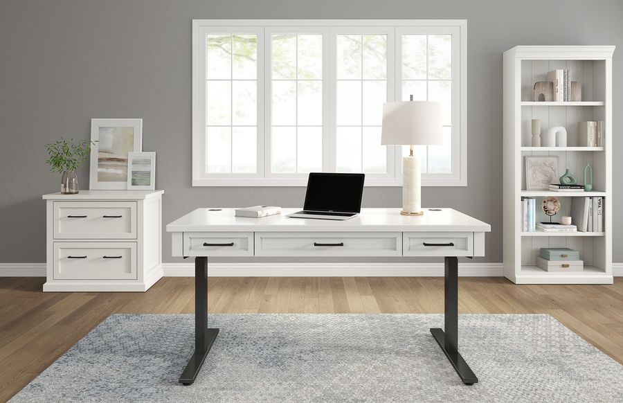 The appearance of Abby Adjustable Height Electric Sit Stand Home Office Set In White designed by Martin Furniture in the transitional interior design. This white piece of furniture  was selected by 1StopBedrooms from Abby Collection to add a touch of cosiness and style into your home. Sku: IMAY384T-KIT;IMAY450. Material: Wood. Product Type: Home Office Set. Image1