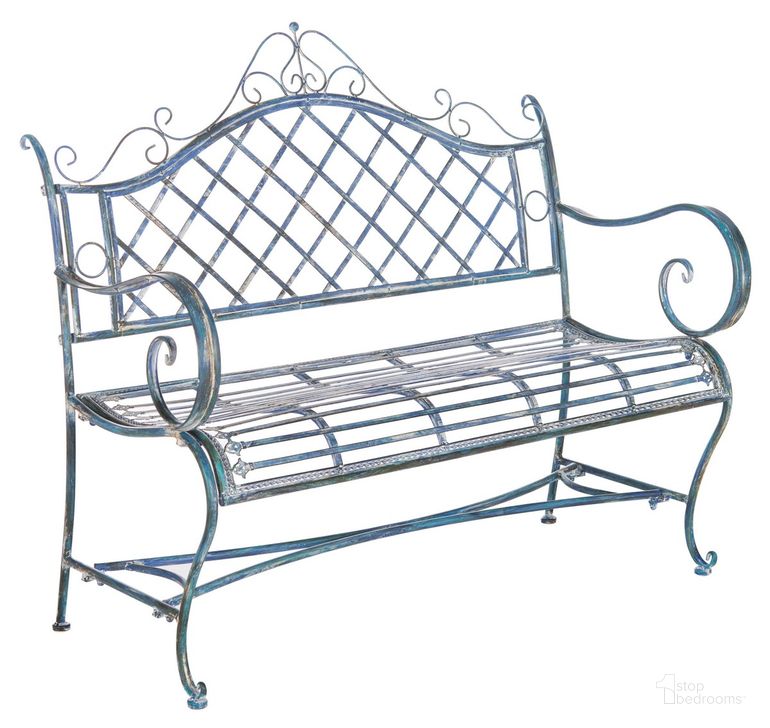 The appearance of Abner Wrought Iron 45.75 Inch with Outdoor Garden Bench in Antique Blue designed by Safavieh in the transitional interior design. This antique blue piece of furniture  was selected by 1StopBedrooms from Abner Collection to add a touch of cosiness and style into your home. Sku: PAT5017C. Material: Metal. Product Type: Outdoor Bench. Image1