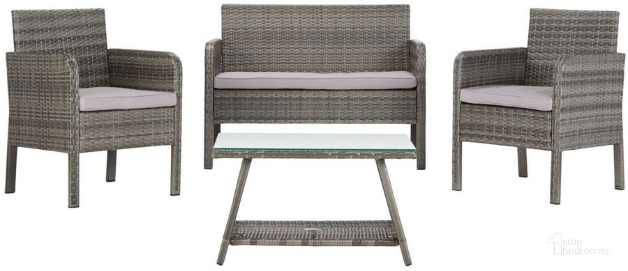The appearance of Aboka 4Pc Living Set in Grey and Grey designed by Safavieh in the transitional interior design. This grey and grey piece of furniture  was selected by 1StopBedrooms from Aboka Collection to add a touch of cosiness and style into your home. Sku: PAT7505B. Material: Steel. Product Type: Outdoor Set. Image1