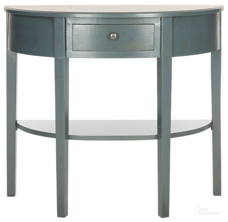The appearance of Abram Steel Teal Console designed by Safavieh in the transitional interior design. This dark teal piece of furniture  was selected by 1StopBedrooms from Abram Collection to add a touch of cosiness and style into your home. Sku: AMH6636B. Material: Wood. Product Type: Console. Image1