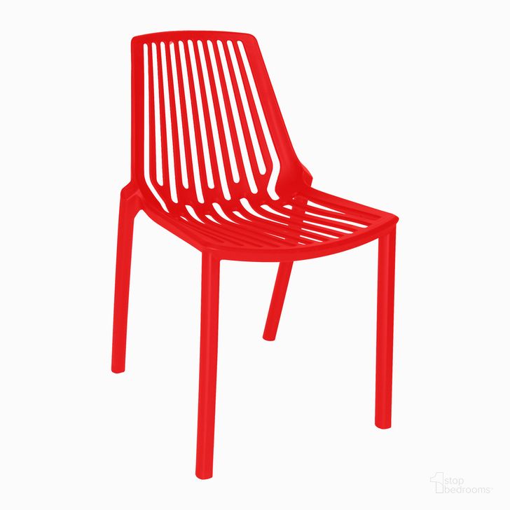 The appearance of Acken Plastic Stackable Dining Chair In Red designed by LeisureMod in the modern / contemporary interior design. This red piece of furniture  was selected by 1StopBedrooms from Acken Collection to add a touch of cosiness and style into your home. Sku: ACK18R. Product Type: Dining Chair. Material: Plastic. Image1