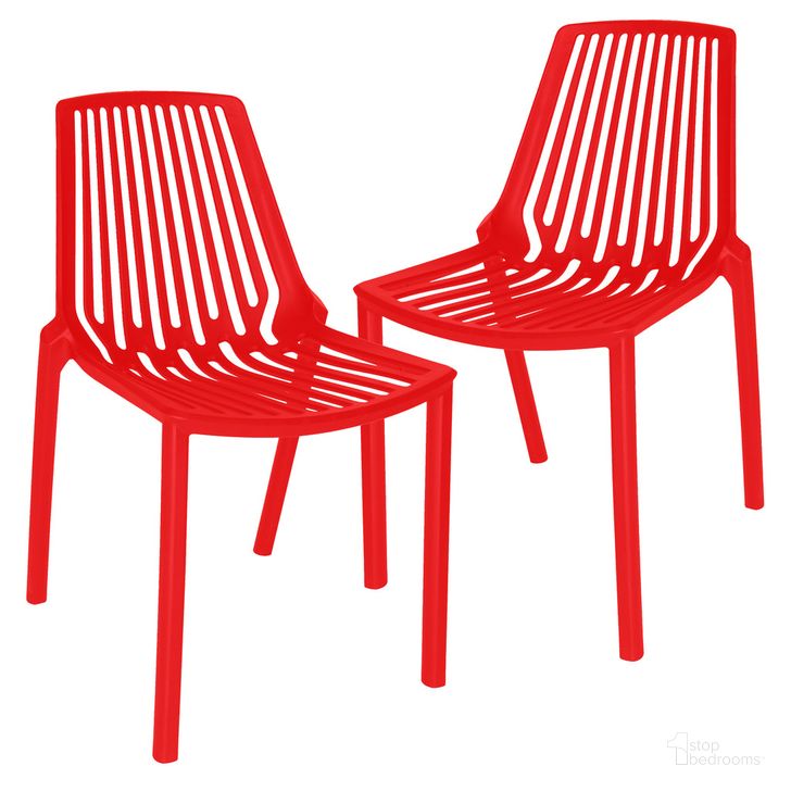 The appearance of Acken Plastic Stackable Dining Chair Set of 2 In Red designed by LeisureMod in the modern / contemporary interior design. This red piece of furniture  was selected by 1StopBedrooms from Acken Collection to add a touch of cosiness and style into your home. Sku: ACK18R2. Product Type: Dining Chair. Material: Plastic. Image1