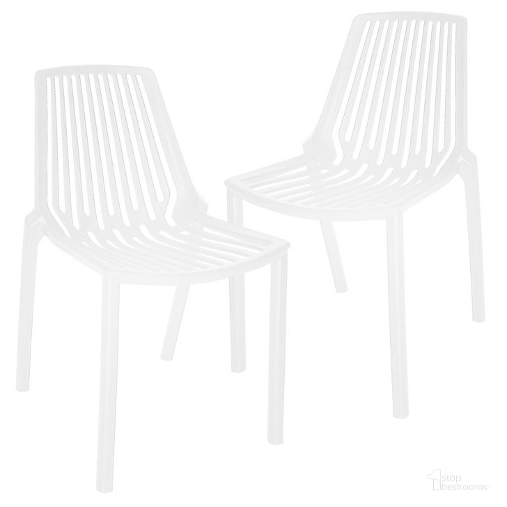 The appearance of Acken Plastic Stackable Dining Chair Set of 2 In White designed by LeisureMod in the modern / contemporary interior design. This white piece of furniture  was selected by 1StopBedrooms from Acken Collection to add a touch of cosiness and style into your home. Sku: ACK18W2. Product Type: Dining Chair. Material: Plastic. Image1