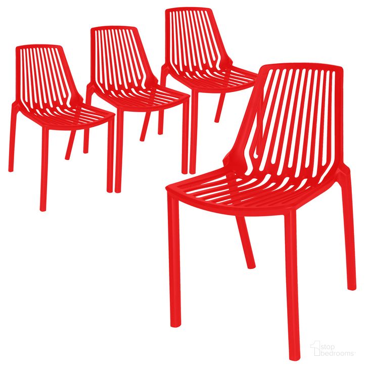 The appearance of Acken Plastic Stackable Dining Chair Set of 4 In Red designed by LeisureMod in the modern / contemporary interior design. This red piece of furniture  was selected by 1StopBedrooms from Acken Collection to add a touch of cosiness and style into your home. Sku: ACK18R4. Product Type: Dining Chair. Material: Plastic. Image1