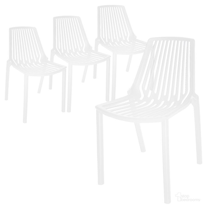 The appearance of Acken Plastic Stackable Dining Chair Set of 4 In White designed by LeisureMod in the modern / contemporary interior design. This white piece of furniture  was selected by 1StopBedrooms from Acken Collection to add a touch of cosiness and style into your home. Sku: ACK18W4. Product Type: Dining Chair. Material: Plastic. Image1