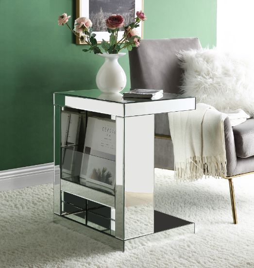 The appearance of Acme Meria Accent Table In Mirrored And Clear Glass 97939 designed by ACME in the glam interior design. This mirrored piece of furniture  was selected by 1StopBedrooms from Dominic Collection to add a touch of cosiness and style into your home. Sku: 97939. Product Type: Accent Table. Material: MDF. Image1
