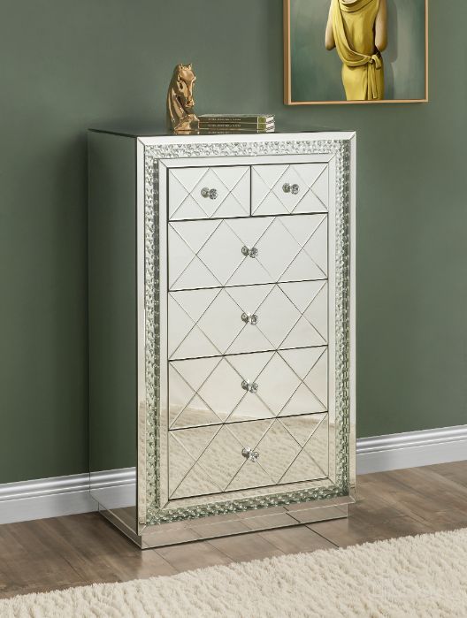 The appearance of Acme Nysa Cabinet In Mirrored And Faux Crystals Inlay designed by ACME in the glam interior design. This mirrored piece of furniture  was selected by 1StopBedrooms from Nysa Collection to add a touch of cosiness and style into your home. Sku: 97948. Product Type: Cabinet. Material: MDF. Image1