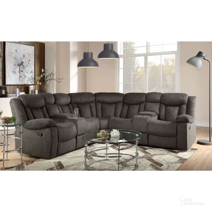 The appearance of Rylan Motion Sectional Sofa In Dark Brown Fabric designed by ACME in the modern / contemporary interior design. This dark brown piece of furniture  was selected by 1StopBedrooms from Rylan Collection to add a touch of cosiness and style into your home. Sku: 54965RLOV;54966LLOV;54967WED. Product Type: Sectional. Material: Upholstery. Layout: L-Shape.
