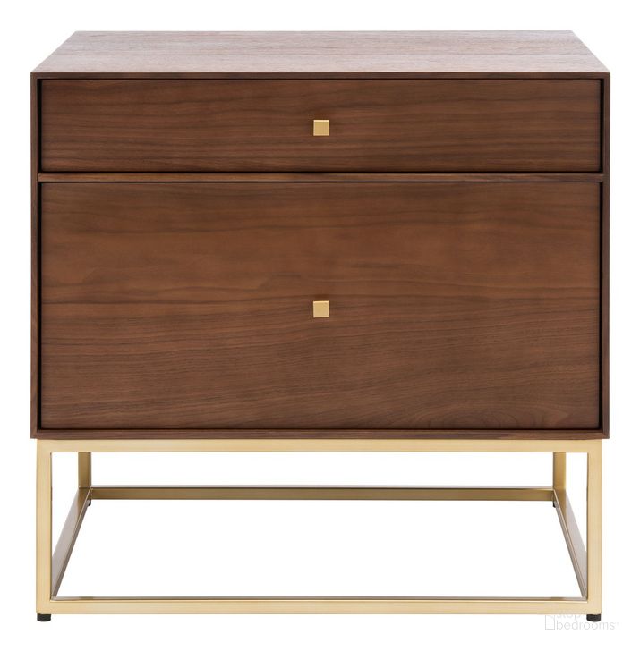 The appearance of Adelyn 2 Drawer Nightstand In Walnut And Gold designed by Safavieh Couture in the modern / contemporary interior design. This walnut piece of furniture  was selected by 1StopBedrooms from Adelyn Collection to add a touch of cosiness and style into your home. Sku: SFV7209A. Material: Wood. Product Type: Nightstand. Image1