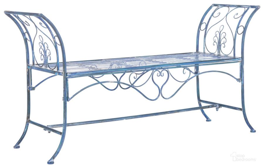The appearance of Adina Wrought Iron 51.25 Inch with Outdoor Garden Bench in Antique Blue designed by Safavieh in the modern / contemporary interior design. This antique blue piece of furniture  was selected by 1StopBedrooms from Adina Collection to add a touch of cosiness and style into your home. Sku: PAT5016C. Material: Metal. Product Type: Outdoor Bench. Image1
