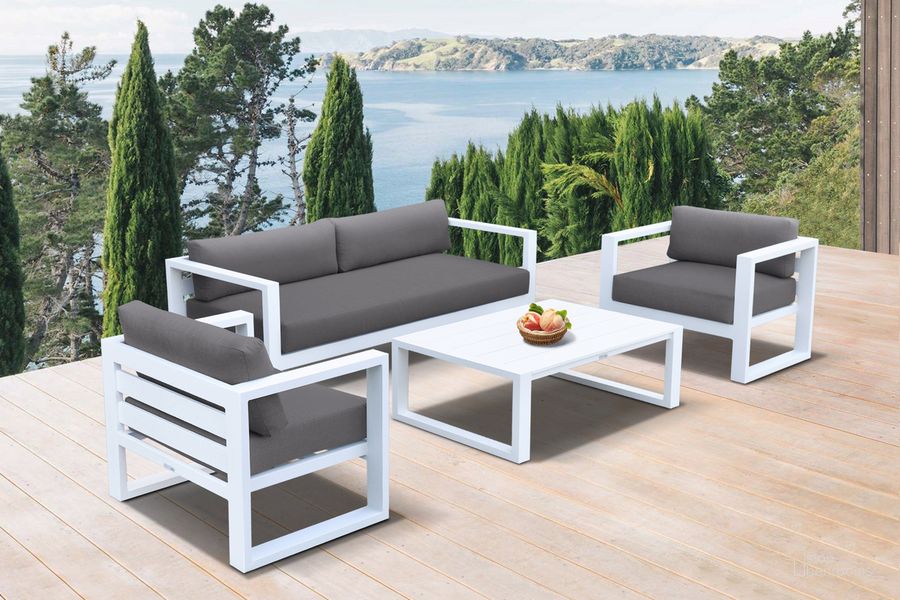 The appearance of Aelani Outdoor 4-Piece Set In White Finish and Charcoal Cushions designed by Armen Living in the modern / contemporary interior design. This dark gray piece of furniture  was selected by 1StopBedrooms from Aelani Collection to add a touch of cosiness and style into your home. Sku: SETODAEWHBX4;SETODAEWHBX3;SETODAEWHBX1;SETODAEWHBX2. Material: Aluminum. Product Type: Outdoor Set. Image1