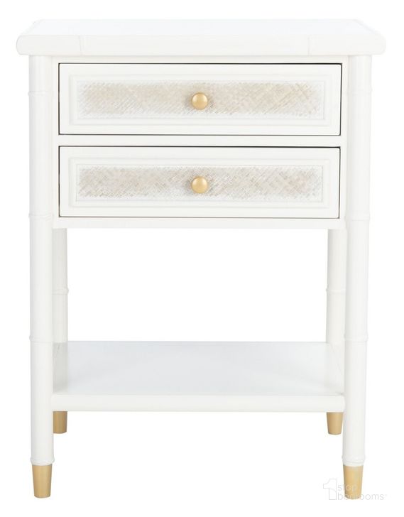 The appearance of Ahab 2 Drawer 1 Shelf Accent Table in White and Gold designed by Safavieh in the modern / contemporary interior design. This white and gold piece of furniture  was selected by 1StopBedrooms from Ahab Collection to add a touch of cosiness and style into your home. Sku: ACC6606B. Material: Wood. Product Type: Accent Table. Image1