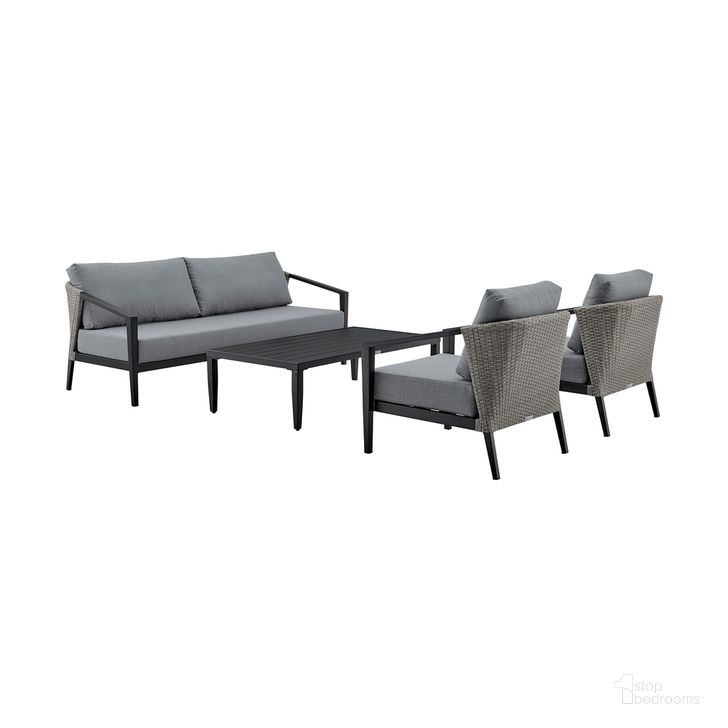 The appearance of Aileen Outdoor Patio 4-Piece Lounge Set In Aluminum and Wicker with Gray Cushions designed by Armen Living in the modern / contemporary interior design. This dark gray piece of furniture  was selected by 1StopBedrooms from Aileen Collection to add a touch of cosiness and style into your home. Sku: 840254334090;840254334106;840254334113;840254334120. Material: Aluminum. Product Type: Outdoor Conversation Set. Image1