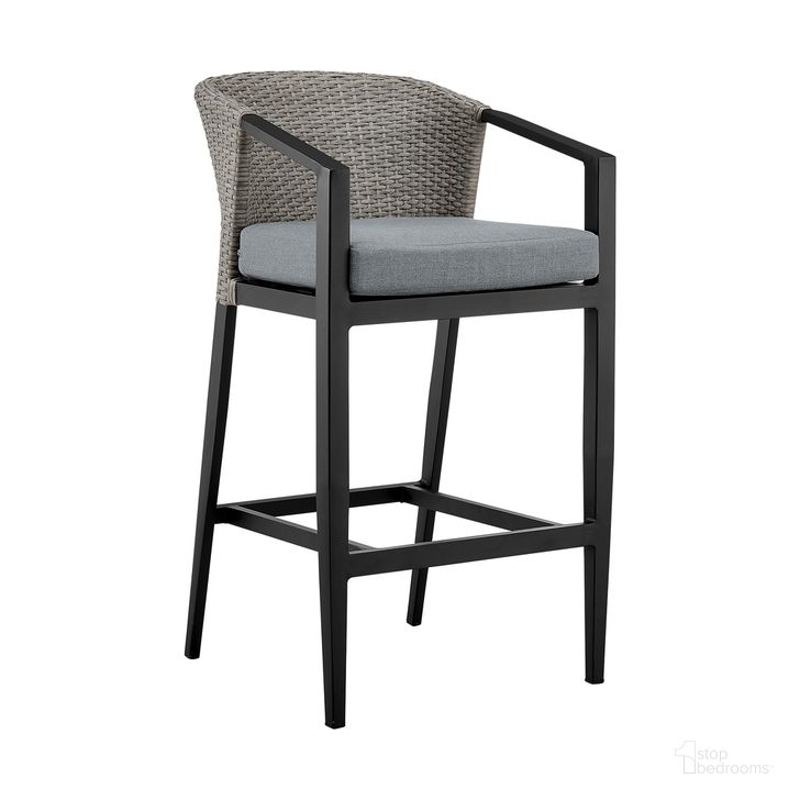 The appearance of Aileen Outdoor Patio Bar Stool In Aluminum and Wicker with Gray Cushions designed by Armen Living in the modern / contemporary interior design. This dark gray piece of furniture  was selected by 1StopBedrooms from Aileen Collection to add a touch of cosiness and style into your home. Sku: 840254333192. Material: Aluminum. Product Type: Outdoor Bar Furniture. Image1