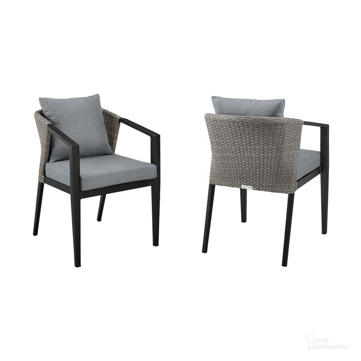 The appearance of Aileen Outdoor Patio Dining Chair Set of 2 In Aluminum and Wicker with Gray Cushions designed by Armen Living in the modern / contemporary interior design. This dark gray piece of furniture  was selected by 1StopBedrooms from Aileen Collection to add a touch of cosiness and style into your home. Sku: 840254333208. Material: Aluminum. Product Type: Outdoor Dining Chair. Image1