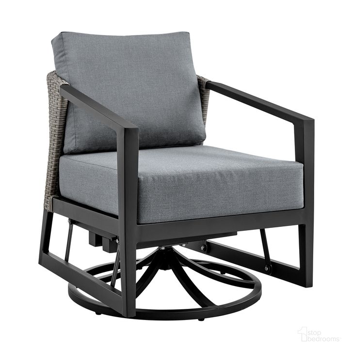 The appearance of Aileen Outdoor Patio Swivel Lounge Chair In Aluminum with Gray Cushions designed by Armen Living in the modern / contemporary interior design. This dark gray piece of furniture  was selected by 1StopBedrooms from Aileen Collection to add a touch of cosiness and style into your home. Sku: 840254333246. Material: Aluminum. Product Type: Outdoor Chair. Image1