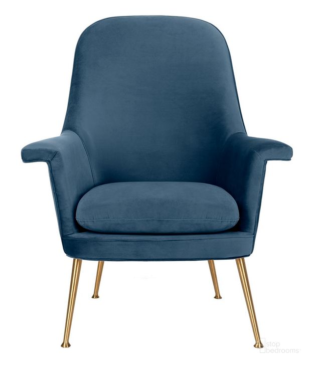 The appearance of Aimee Velvet Arm Chair In Navy And Gold designed by Safavieh Couture in the modern / contemporary interior design. This navy piece of furniture  was selected by 1StopBedrooms from Aimee Collection to add a touch of cosiness and style into your home. Sku: SFV4701B. Material: Wood. Product Type: Accent Chair. Image1