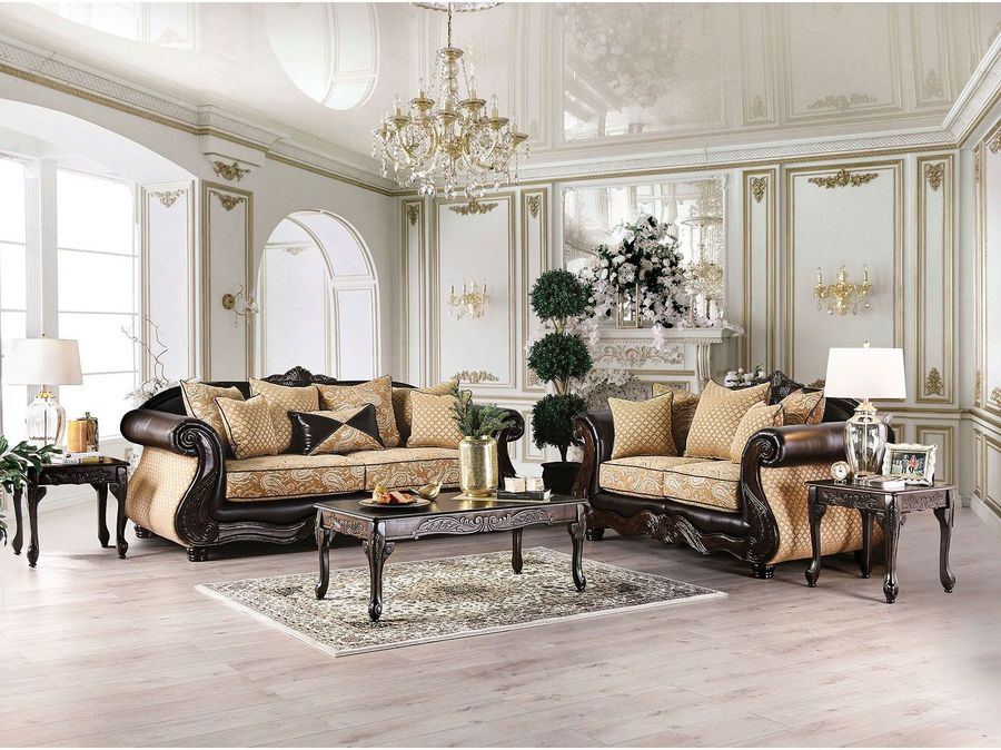 The appearance of Aislynn Dark Brown Living Room Set designed by Furniture of America in the traditional interior design. This brown piece of furniture  was selected by 1StopBedrooms from Aislynn Collection to add a touch of cosiness and style into your home. Sku: SM6423-SF;SM6423-LV. Material: Wood. Product Type: Living Room Set. Image1