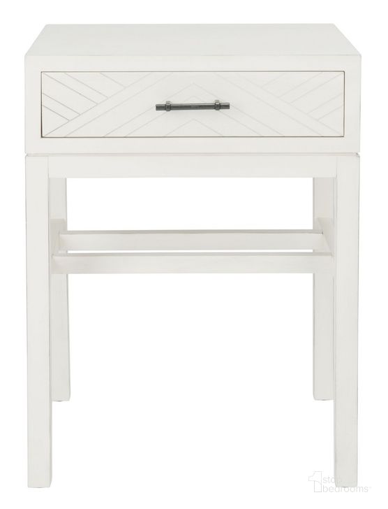 The appearance of Ajana 1 Drawer Accent Table in Distressed White ACC5707A designed by Safavieh in the transitional interior design. This distressed white piece of furniture  was selected by 1StopBedrooms from Ajana Collection to add a touch of cosiness and style into your home. Sku: ACC5707A. Material: Wood. Product Type: Accent Table. Image1