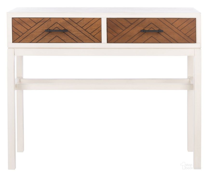 The appearance of Ajana 2 Drawer Console in Distressed White CNS5709C designed by Safavieh in the modern / contemporary interior design. This white and brown piece of furniture  was selected by 1StopBedrooms from Ajana Collection to add a touch of cosiness and style into your home. Sku: CNS5709C. Material: Wood. Product Type: Console. Image1