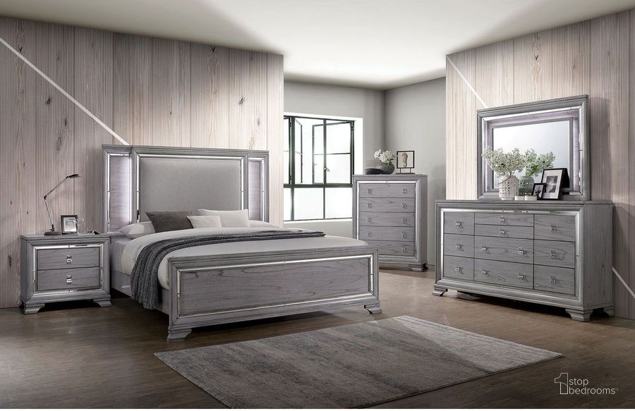 The appearance of Alanis Light Gray Upholstered Panel Bedroom Set designed by Furniture of America in the modern / contemporary interior design. This gray piece of furniture  was selected by 1StopBedrooms from Alanis Collection to add a touch of cosiness and style into your home. Sku: CM7579Q-HB;CM7579Q-FB;CM7579Q-R;CM7579N. Material: Wood. Product Type: Bedroom Set. Bed Size: Queen. Image1