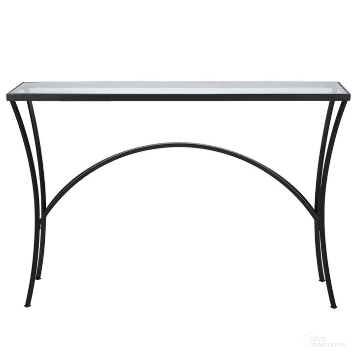 The appearance of Alayna Metal and Glass Console Table In Black designed by Uttermost in the  interior design. This black piece of furniture  was selected by 1StopBedrooms from Alayna Collection to add a touch of cosiness and style into your home. Sku: 22910. Material: Metal. Product Type: Console Table. Image1