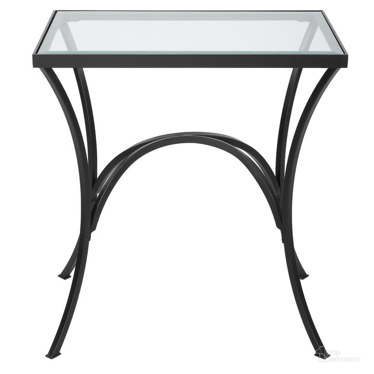 The appearance of Alayna Metal and Glass End Table In Black designed by Uttermost in the  interior design. This black piece of furniture  was selected by 1StopBedrooms from Alayna Collection to add a touch of cosiness and style into your home. Sku: 22911. Material: Metal. Product Type: End Table. Image1